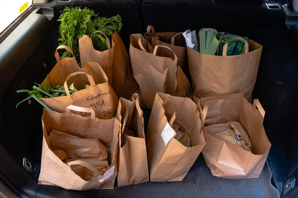 Delivery of products home. Courier car trunk with orders in craft bags