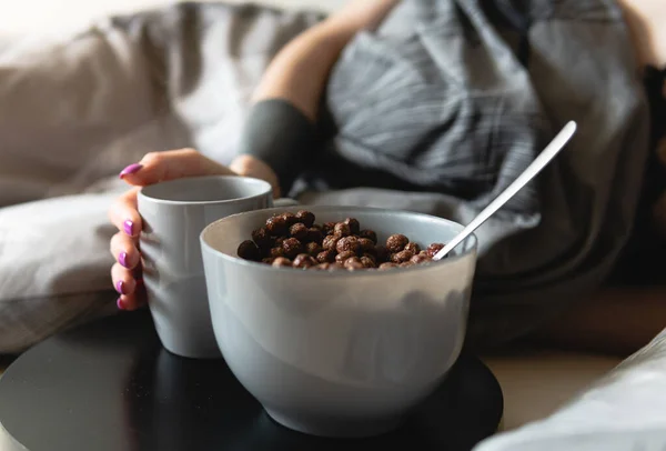 dry breakfast and hot coffee. romantic breakfast in bed for a girl