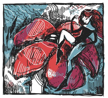 Peri ve çiçek. Vektör çizimi. Grafik sanatı.