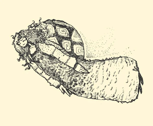 Kaplumbağa Kostümü Giyen Uzun Elbiseli Bir Kız Vektör Çizimi Grafiksel — Stok Vektör