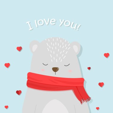 Kırmızı atkısı ve kalbi olan sevimli bir ayı. Sevgililer Günü kartı. Ben de seni seviyorum. Vektör illüstrasyonu.