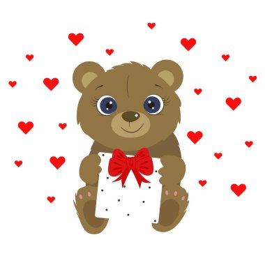 Sevimli ayıyla doğum günün kutlu olsun. Sevimli oyuncak ayı. - Seni seviyorum. Özledim seni. Vektör illüstrasyonu.