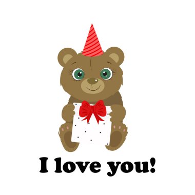 Sevimli ayıyla doğum günün kutlu olsun. Sevimli oyuncak ayı. - Seni seviyorum. Özledim seni. Vektör illüstrasyonu.