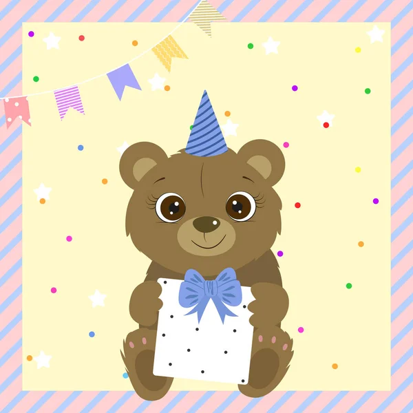 Feliz Cumpleaños Tarjeta Felicitación Con Oso Lindo Bonito Oso Peluche — Vector de stock