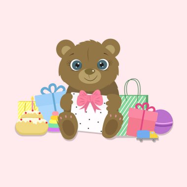 Sevimli ayıyla doğum günün kutlu olsun. Sevimli oyuncak ayı. - Seni seviyorum. Özledim seni. Vektör illüstrasyonu.