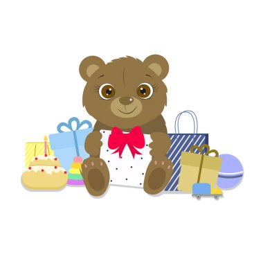 Sevimli ayıyla doğum günün kutlu olsun. Sevimli oyuncak ayı. - Seni seviyorum. Özledim seni. Vektör illüstrasyonu.