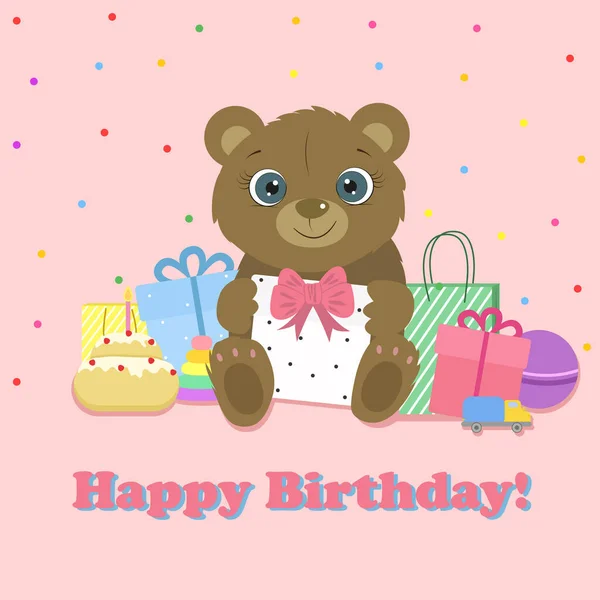 Happy Birthday Greeting Card Cute Bear Cute Teddy Bear Love — Stock Vector