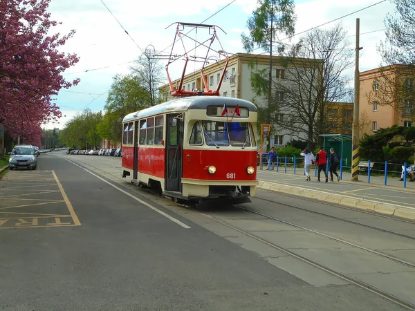 Ostrawa Czechy 2015 Wystawa Czerwonego Tramwaju Ostrawiańskiego Okresu Komunistycznego Czeskimi — Zdjęcie stockowe