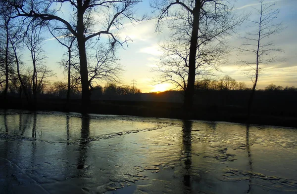 在无雪的冬季 湖面半冻水 光秃秃的树后有美丽的暮色 地平线昏暗 — 图库照片