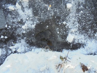 Donmuş buzun üzerindeki küçük açıklık, karlı kıyılara yakın göletin buzla kaplı su yüzeyi, yakında bir buzun çözüleceğinin sinyallerini veriyor..