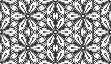 Seamless flower pattern. Abstract geometric floral black line texture. Vintage fashion fabric ornament, carpet, wallpaper, packaging wrapping paper print. Monochrome arabic lace hexagon tile design