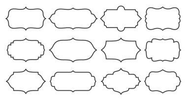Etiket seti, farklı şekil, çizgi biçimi. Ürün, satış bilgileri, sertifika, boşluk, kart hakkında yazılar için bir çerçeve. Kavanoz, kap, şişe ve paket için boş etiket şablonu. Özet sınır tasarımı