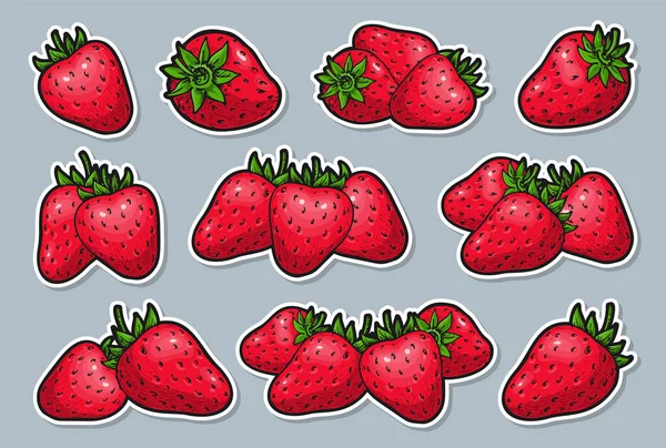 Ripe Strawberry Sticker Set Realistic Whole Red Berries Groups Healthy — Vetor de Stock