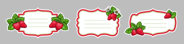Strawberry Retro Labels Realistic Handdrawn Berries Flowers Leaves Farmers Market — Stockvector