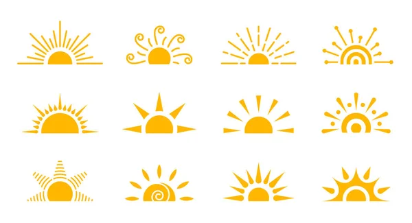Half sun flat icon set. Logo sunrise sunset isolated on white. Various yellow sunshine star. Cartoon summer sunlight nature sky. Simple graphic solar circle sign. Sunny heat rays weather app symbol