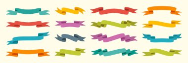 Retro kurdele düz set. Reklam promosyonu, satış metni, başlık, başlık, rozet, amblem, çerçeve için boş bant pankartı. Kıvrımlı, parşömen şeritleri. Zarif vintage bayrak, arkaplan çizgisi