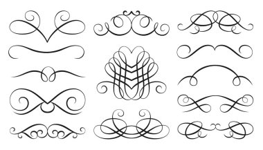 Swirl retro ornament linear set. Vintage flourish ornate border. Victorian style filigree line curl. Decorative design elements for greeting invitation card, labels tags. Text divider, page delimiter
