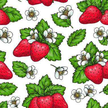 Ripe strawberry seamless pattern. Handdrawn red berries flowers, leaves endless background, packaging paper wallpaper fabric, cover surface design. Texture for greeting cards, posters, clothes prints