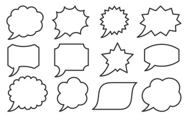 Speech bubble line set. Different shape balloon. Blank linear speak sign. Fun comic talk dialog. Boom burst, wow effect empty frame. Retro sketch cartoon pop art chat cloud text message template