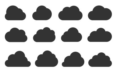 Bulutlar siyah düz simge beyaz üzerine izole. Farklı şekilli bulut soyut web pankartı şablonu. Dijital internet ağı veri teknolojisi iş konsepti işareti. Konuşma baloncuğu sembolünü özetle
