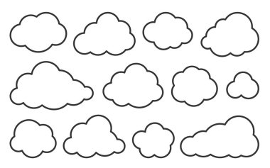 Bulut ince çizgi simgeleri ayarlandı. Taslak vektör işareti. Havanın ya da veritabanının doğrusal sembolü, ağ, internet deposu. Logo tasarım şablonu. Bulutlu, bulutlu gökyüzü grafik ögesi koleksiyonu