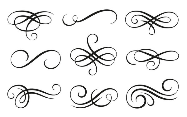 Calligraphic swirl ornament, line style flourishes set. Filigree vignette ornamental curls. Decorative design elements for menu, certificate diploma, wedding card, invatation, outline text divider
