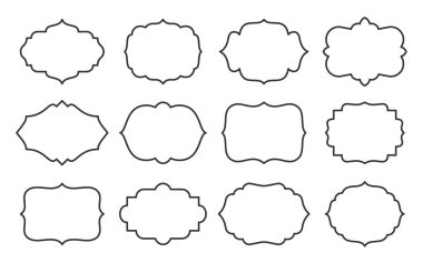 Etiket ayarlandı, kart, sertifika, menü için boş çerçeve. Kavanoz, kap, şişe ve paket için farklı şekil etiketi şablonu. Ürün ve satış bilgileriyle ilgili bir mesaj yok. Özet geçmişteki sınır