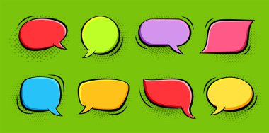 Retro çizim konuşma balonu simgesi seti. Yarım ton gölgeli karikatür baloncukları. Patlama patlaması, eğlenceli wow etkisi boş çerçeve. Efsanevi çizgi roman diyaloğu mesaj balonu şablon şekilleri