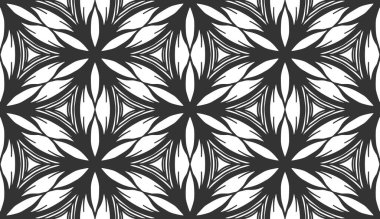 Soyut donmuş çiçek, siyah, pürüzsüz desen. Geometrik moda kumaş deseni. Dekoratif arka plan tekrarlanıyor. Tek renkli buz yaprakları süslemesi. Kar tanesi dekoratif duvar kağıdı tasarımı