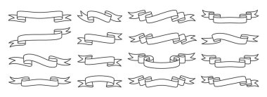 Şerit doğrusal bayraklar ayarlandı. Basit modern kurdele koleksiyonu. Klasik boş bant, başlık metni şablonu. Başlık ya da başlık dekorasyonu, rozet amblemi. Zarif geçmişe dönük girdap çizgisi