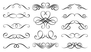 Swirl retro ornament linear set. Vintage flourish ornate border. Victorian style filigree line curl. Decorative design elements for greeting invitation card, labels tags. Text divider, page delimiter
