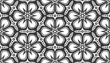 Kusursuz çiçek deseni. Soyut geometrik çiçekli siyah beyaz desen. Eski moda kumaş süsü, halı, duvar kağıdı, ambalaj kağıdı baskısı. Tek renkli dantel altıgen fayans tasarımı