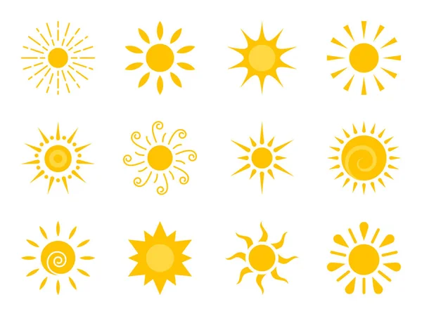 Sun flat icon set. Various yellow sunshine star. Cartoon summer sunlight nature sky. Simple graphic solar circle sign. Sunny heat rays weather app symbol. Logotype sunrise sunset isolated on white.