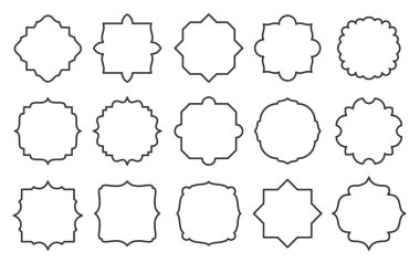 Etiket seti, farklı şekil, çizgi biçimi. Ürün, satış bilgileri, sertifika, boşluk, kart hakkında yazılar için bir çerçeve. Kavanoz, kap, şişe ve paket için boş etiket şablonu. Özet sınır tasarımı