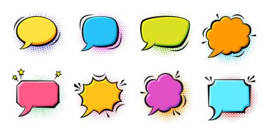 Retro çizim konuşma balonu simgesi seti. Renkli arka planda çizgi film pop sanat kabarcıkları. Patlama bom, patlama, boş çerçeve efekti. Eğlenceli çizgi roman diyaloğu mesaj balonu şablon şekilleri