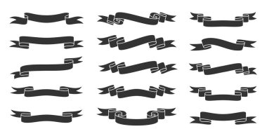 Kurdele siyah düz set. Basit retro kurdele koleksiyonu. Klasik boş bant şablonu. Zarif, modern kıvrımlı şerit. Kıvrımlı boş başlık afişi, başlık dekorasyonu, rozet, metin çerçevesi amblemi