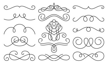 Divider border calligraphy decor set. Frame linear victorian flourishes. Vintage vignette scrolls, swirl black line pattern. Festive hand drawn retro typographic design element for card, menu, diploma