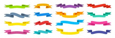 Retro kurdele düz set. Reklam promosyonu, satış metni, başlık, başlık, rozet, amblem, çerçeve için boş bant pankartı. Kıvrımlı, parşömen şeritleri. Zarif vintage bayrak, arkaplan çizgisi