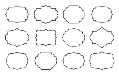 Etiket seti, farklı şekil, çizgi biçimi. Ürün, satış bilgileri, sertifika, boşluk, kart hakkında yazılar için bir çerçeve. Kavanoz, kap, şişe ve paket için boş etiket şablonu. Özet sınır tasarımı