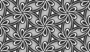 Soyut geometrik çiçek deseni dokusu. Çiçek siyah dantelli, dikişsiz desen. Eski moda kumaş süsü, halı, duvar kağıdı, ambalaj kağıdı baskısı. Tek renkli altıgen tekrar kiremit tasarımı