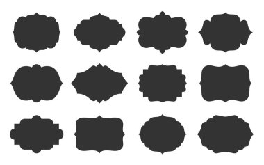 Dekoratif boş çerçeveler. Soyut retro boş etiket seti. Kaliteli ürün, içecek etiketi şekilleri. Eski rozet, logo şablonu, paket tasarımı. Davetiye, sertifika, kartpostal sınırı