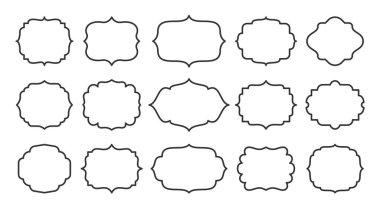 Etiket ayarlandı, kart, sertifika, menü için boş çerçeve. Kavanoz, kap, şişe ve paket için farklı şekil etiketi şablonu. Ürün ve satış bilgileriyle ilgili bir mesaj yok. Özet geçmişteki sınır