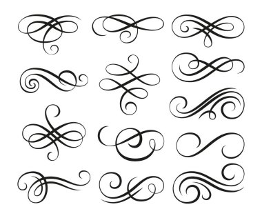 Kaligrafik girdap ayırıcı, doğrusal süsleme seti. Filigree vignette süslemeli bukleler. Menü için dekoratif tasarım unsurları, sertifika diploması, düğün kartı girişi, özet metin bölücüsü