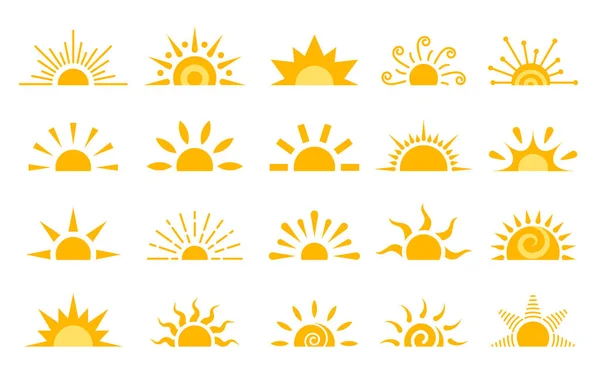 Half sun flat icon set. Logo sunrise sunset isolated on white. Various yellow sunshine star. Cartoon summer sunlight nature sky. Simple graphic solar circle sign. Sunny heat rays weather app symbol