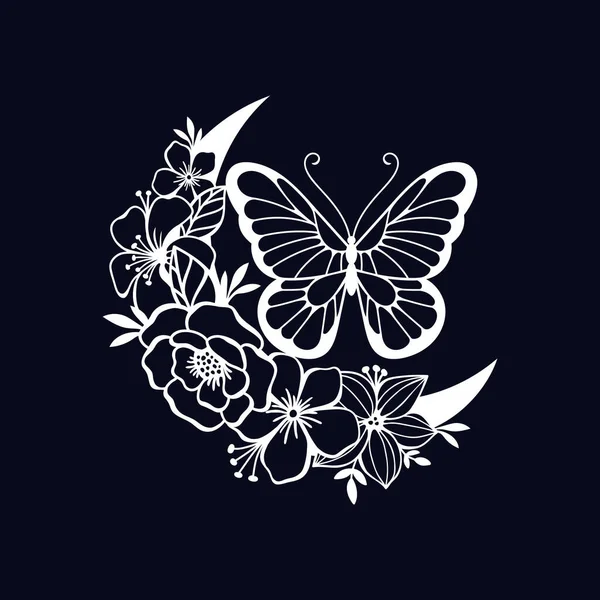 Luna Creciente Con Mariposa Decoración Estilo Floral — Archivo Imágenes Vectoriales