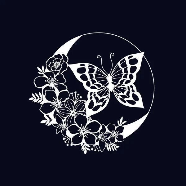 Luna Creciente Con Mariposa Decoración Estilo Floral — Vector de stock