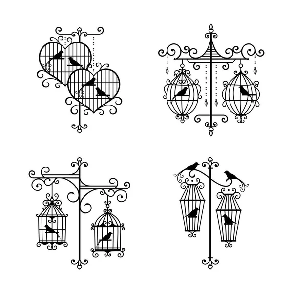 Ensemble Décoration Cage Oiseaux Mariage Dessinée Main — Image vectorielle