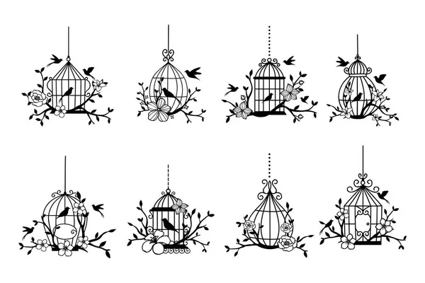 Conjunto Decoración Jaula Aves Boda Dibujada Mano — Archivo Imágenes Vectoriales