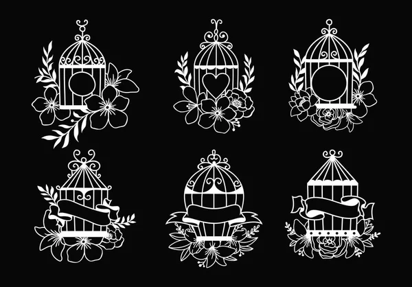 Ensemble Décoration Cage Oiseaux Mariage Dessinée Main — Image vectorielle