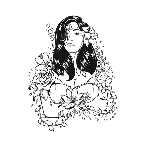 Illustration Schöne Mädchen Mit Floralen — Stockvektor